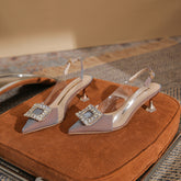 Tacones de aguja altos con punta abierta y tacón bajo para mujer